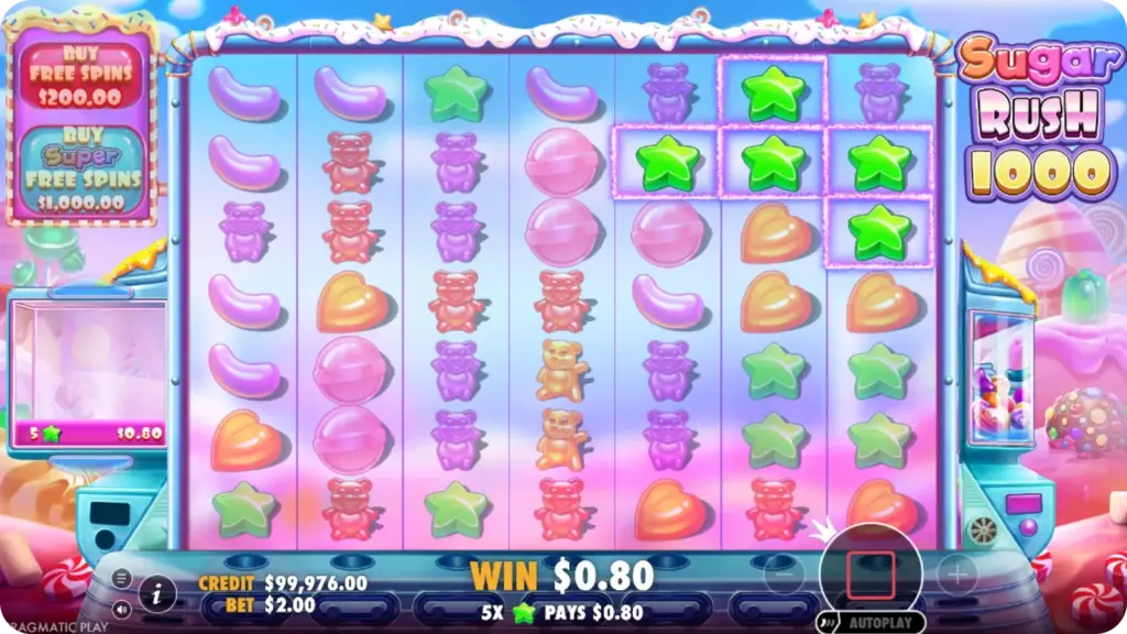 Cluster Pays and Tumble feature in Sugar Rush 1000 with falling candy symbols
