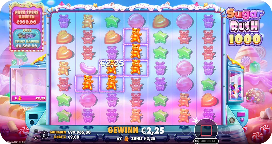 Cluster Pays und Tumble-Funktion in Sugar Rush 1000 mit fallenden Süßigkeitensymbolen