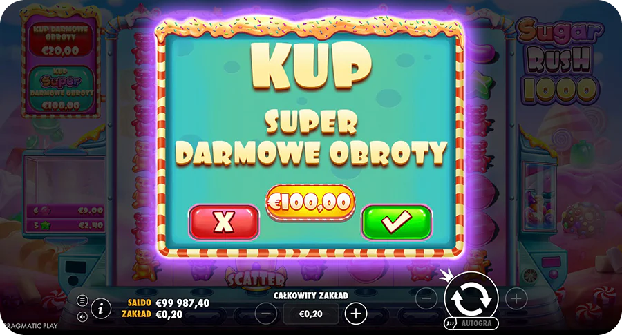 Opcje Free Spins i Bonus Buy w Sugar Rush 1000 z symbolami Scatter
