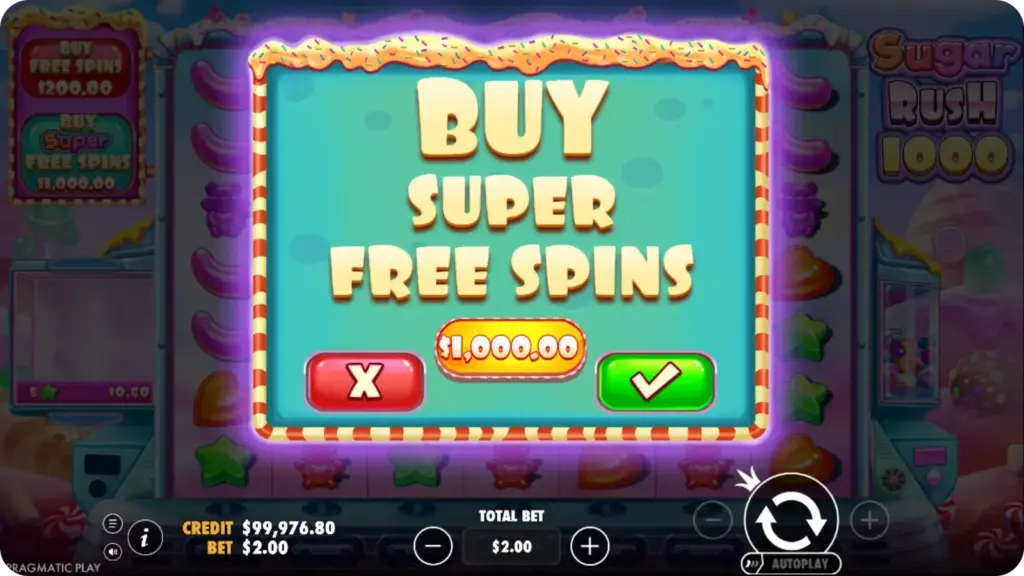Free Spins and Bonus Buy options in Sugar Rush 1000 with scatter symbols