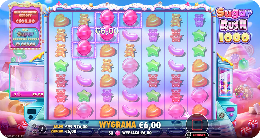 Cluster Pays i funkcja Tumble w Sugar Rush 1000 ze spadającymi symbolami słodyczy