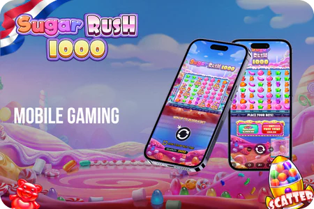 Sugar Rush 1000 app on a smartphone with Android and iOS casino access