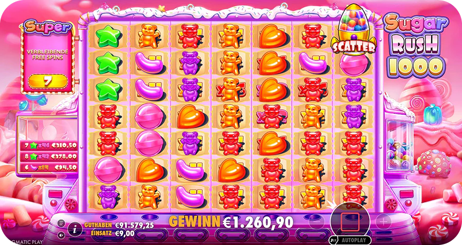 Multiplier-Spots-Funktion bei Sugar Rush 1000 max win mit steigenden Multiplikatoren bis 1.024x