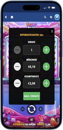 Sugar Rush 1000 Einsatz zwischen €0,20 und €240 einstellen