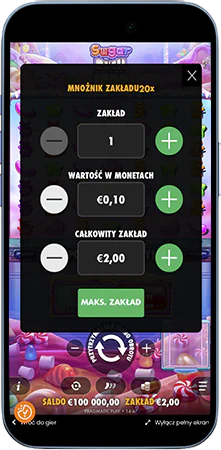Ustawienie stawki przed rozpoczęciem gry w Sugar Rush 1000